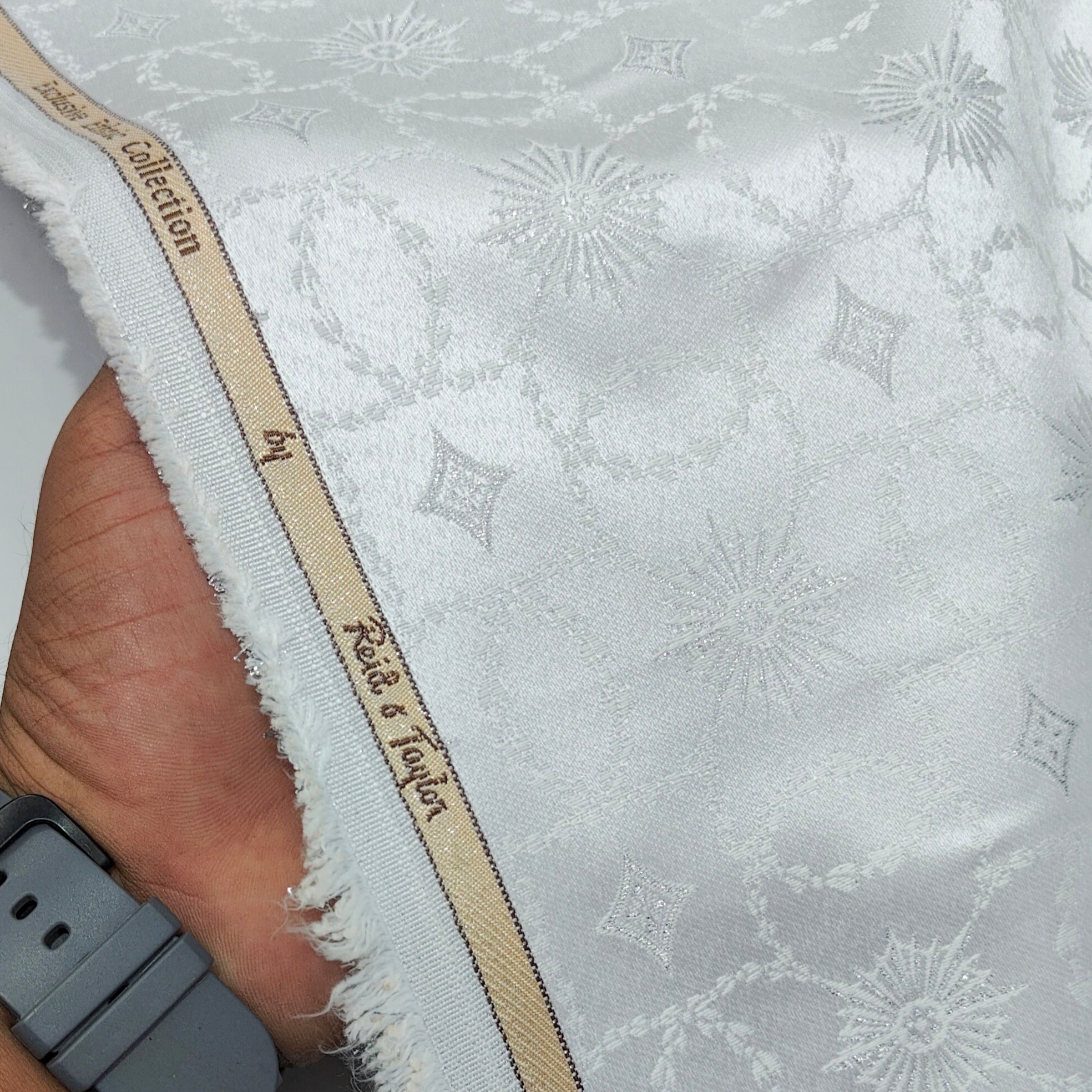 Reid & Taylor Jacquard Premium Bandhgala Fabric Colour Silver White